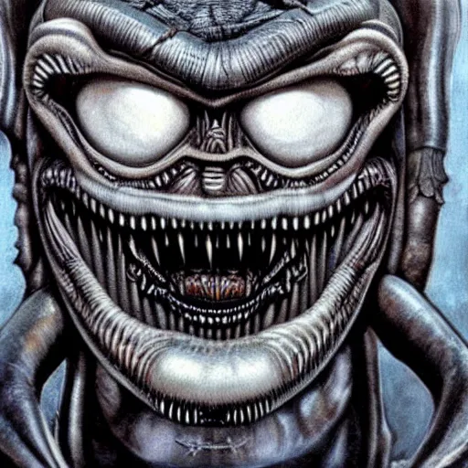 Image similar to alien trump, sharpt teeth, by h. r. giger, nightmare fuel, nightmarish, intricate, highly detailed, optical illusion, president trump