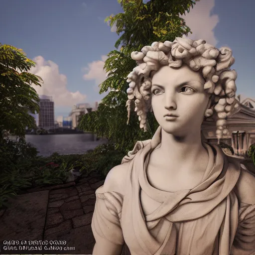 Prompt: baroque vaporwave statue, high detail, rendered in unreal engine, 3d render, god rays, volumetric lighting, award winning, vegetation,