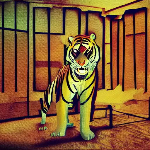 Image similar to the backrooms, a tiger, found footage, vhs, chromatic aberration