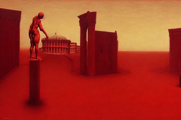 Image similar to only with red, caesar after war, the deal, a red tiger, in hoc signo vinces, rome in background, an ancient path, in the style of beksinski, part by hopper, part by rodcenko, part by hofbauer, intricate composition, red by caravaggio, insanely quality, highly detailed, masterpiece, red light, artstation