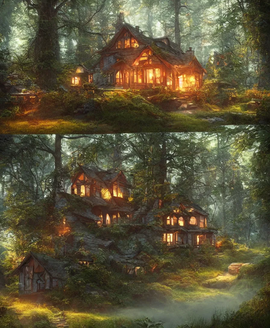 Prompt: beautiful Hyperrealistic Cottage in the forest, highly detailed, digital painting, trending artstation, concept art, illustration, cinematic lighting, vibrant colors, photorealism, epic, octane render
