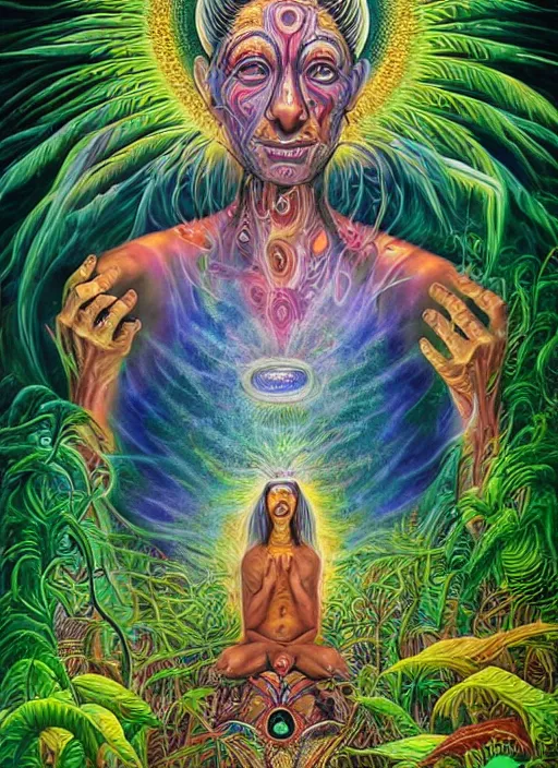 Image similar to a shaman visiting the upper spiritual worlds, surrealist, dmt, dmt, 5 meodmt, blissful landscape, love, high defined jungle, mother ayahuasca, ecstasy, bliss, sanctuary, sacred, vladimir kush art style, alex grey art style.