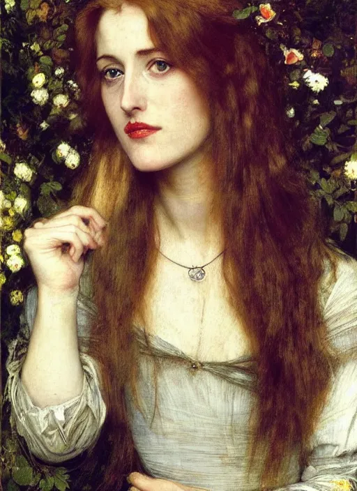 Image similar to a beautiful painting of young gillian anderson by John Everett Millais and Dante Gabriel Rossetti and John Collier and john william waterhouse, pre-raphaelite, detailed, trending on artstation, hd, masterpiece