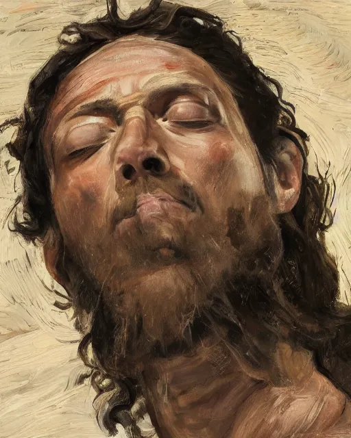 Image similar to a close up portrait of jesus, low angle, facing front, looking up, by Lucian Freud and Jenny Saville, oil painting, anatomically correct, beautiful perfect face, visible brushstrokes, sharp focus, Highly Detailed, Cinematic Lighting, 8k, HD