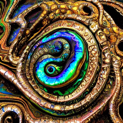 Image similar to mask, Art Nouveau cresting oil slick waves, hyperdetailed bubbles in a shiny iridescent oil slick wave, ammolite, dinosaur bone, detailed giant opalized ammonite shell, black opal, abalone, paua shell, ornate copper patina medieval ornament, rococo, organic rippling spirals, octane render, 8k 3D, druzy geode, cresting waves and seafoam, mask