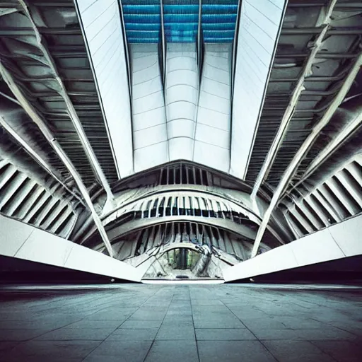 Image similar to “derelict architecture single building , building designed by architect Santiago Calatrava, architecture digest, building surrounded in a luxury environment, dark tones, fluorescent lighting,volumetric Lighting, photorealism, high detail, golden ratio, cinematic, octane renderer”