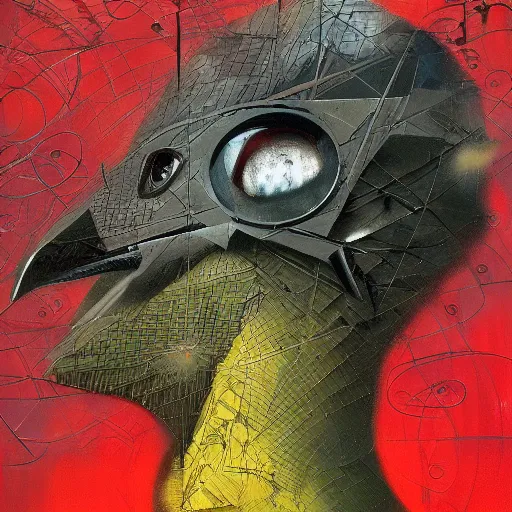 Image similar to the progressive rasterization of a bird from mechanical being to pixels, oil on canvas by dave mckean and ivan shishkin