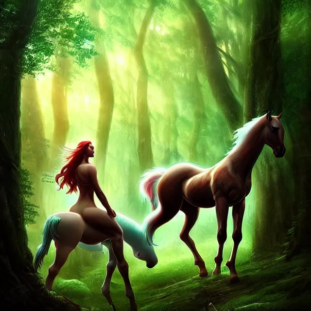 Image similar to epic professional digital art of Centaur in a forest clearing, fantasy art, best on artstation, cgsociety, wlop, cosmic, epic, stunning, gorgeous, much detail, much wow, masterpiece