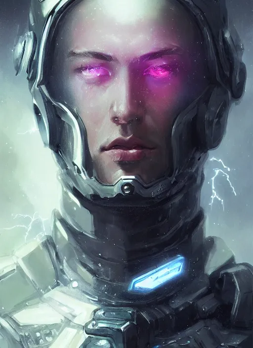 Image similar to portrait of handsome guy in cyber armor, dreamy and ethereal, expressive pose, black eyes, exciting expression, fantasy, intricate, elegant, many lightning, cold color, highly detailed, digital painting, artstation, concept art, cyberpunk wearing, smooth, sharp focus, led, illustration.