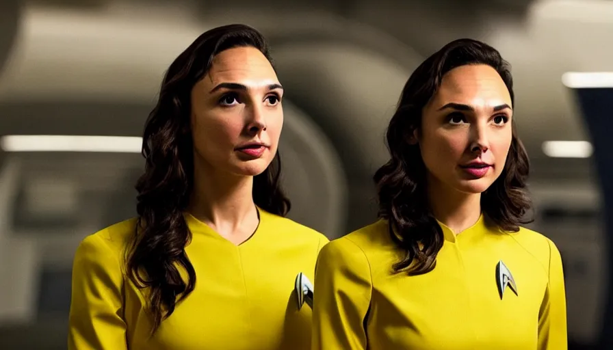 Image similar to Gal Gadot, wearing a yellow uniform, is the captain of the starship Enterprise in the new Star Trek movie