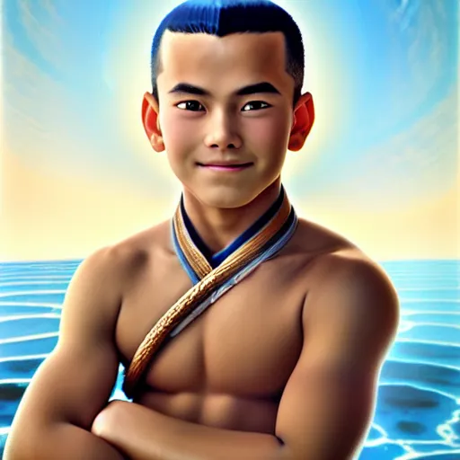 Prompt: beautiful serene intricate portrait of sokka from the water tribe as an inuit young man, dark hair, light blue eyes, smiling softly, relaxing on the beach, golden hour, soft focus, 8 k, art by irakli nadar, hyperrealism, hyperdetailed, ultra realistic