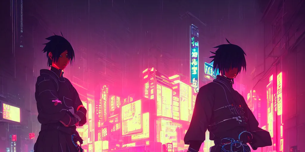 Image similar to digital illustration closeup portrait of cyberpunk samurai in city street at night by makoto shinkai, ilya kuvshinov, lois van baarle, rossdraws, basquiat | afrofuturism, in the style of hearthstone, trending on artstation | cool color scheme