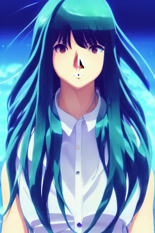 Image similar to makoto shinkai, artgerm, ilya kuvshinov, beautiful anime women with green dress, long blue hair, water powers water swirling, symmetrical face, symmetrical eyes, detailed, beach setting, cinematic lighting