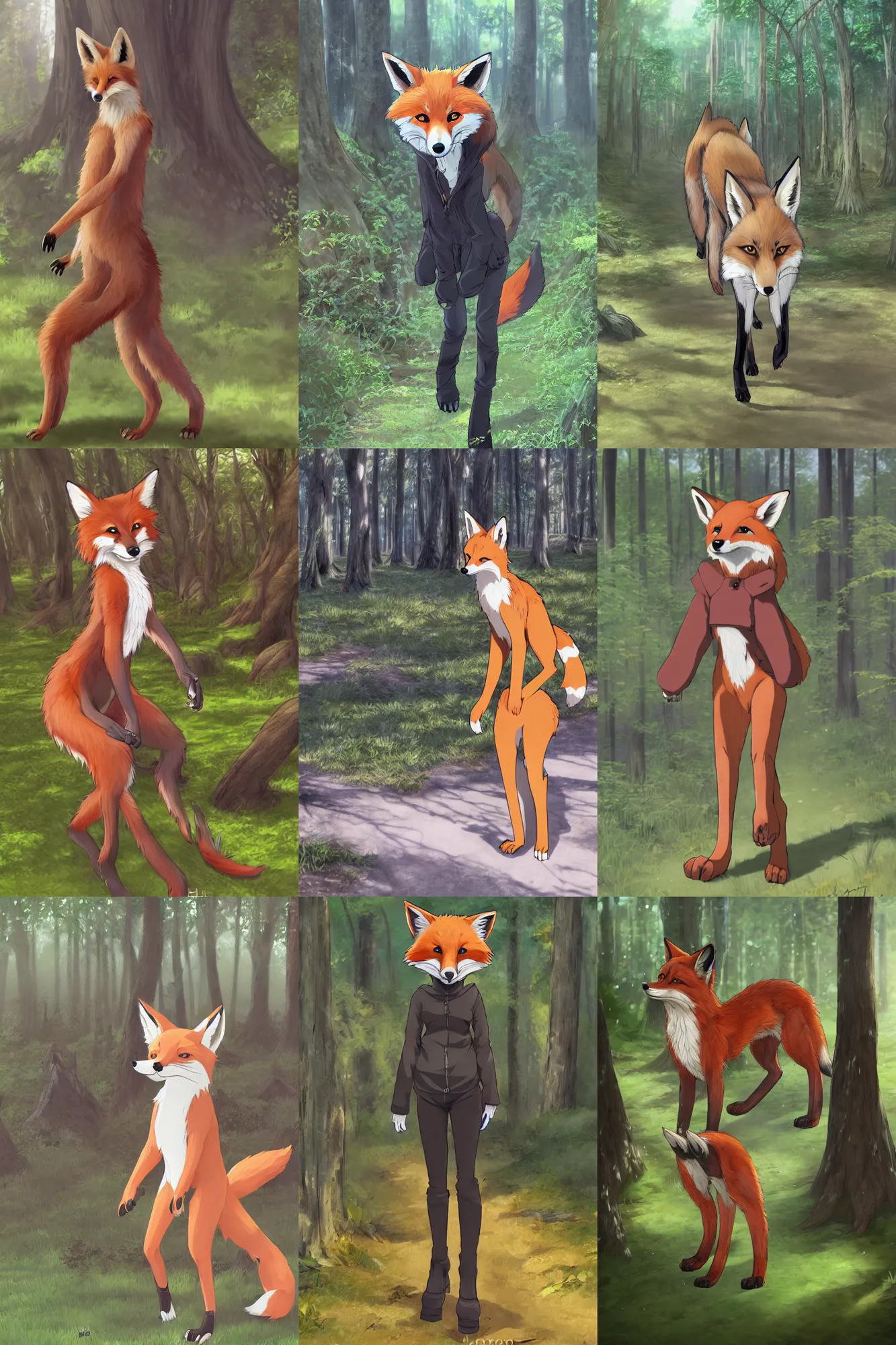 Prompt: furry art, anthro digitigrade natural - colored fox with black paws, walking upright in a forest, fursona commission, photorealistic, extremely detailed, anime key visual, pixiv, makoto shinkai, hibbary, dark natasha, goldenwolf, furaffinity, portrait