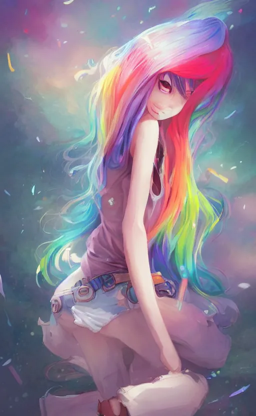 Image similar to a kawaii woman with rainbow hair, happy, summer time, soft eyes and narrow chin, dainty figure, long hair straight down, kawaii shirt and jeans, basic white background, In style of by Jordan Grimmer and greg rutkowski, crisp lines and color