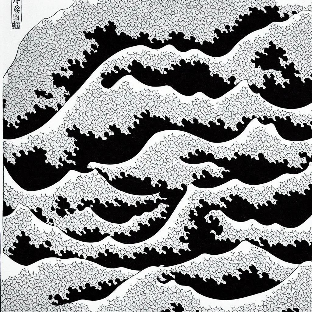 Image similar to mountain and wave black and white lineart, hokusai style