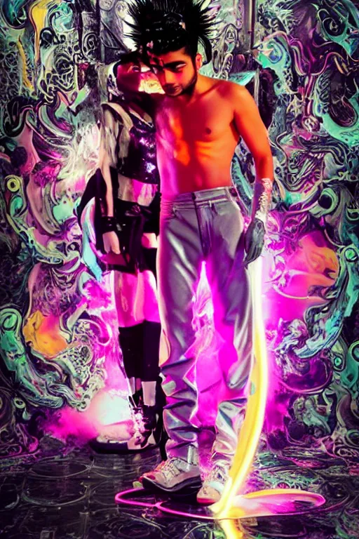 Image similar to full-body rococo and cyberpunk style neon statue of a young attractive Zayn Malik macho dotado e rico android sim roupa reclining con las piernas abertas e la piroca dura, ethereal white dripping tar, glowing orange lasers, pink tigers, glowing eyes, silver prince crown, black gears, pink diamonds, swirling mint-colored silk fabric. futuristic elements. full-length view. human skulls. large intricate artwork by caravaggio. Trending on artstation, octane render, cinematic lighting from the right, hyper realism, octane render, 8k, depth of field, 3D