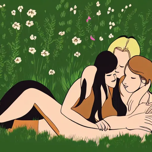 Image similar to couple cuddling, two women, one short - haired blonde, one goth brunette, in garden, romantic, highly detailed illustration