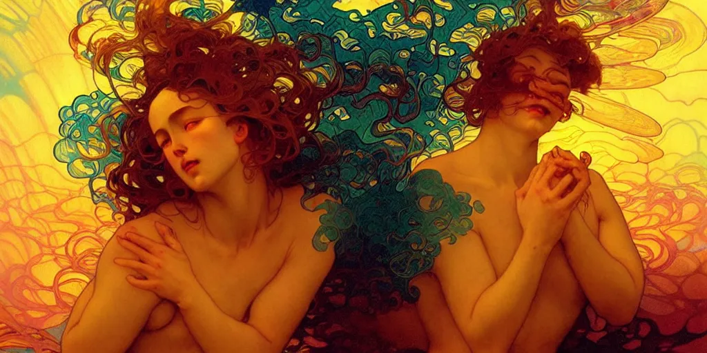 Image similar to transcendent mind bending indigo waves of glossy psychedelic liquid honey flowing like kaleidoscopic translucent amber, lsd waves, honey ripples, enlightenment, dramatic professional lighting, refracted sunset lighting, art by collier, albert aublet, krenz cushart, artem demura, alphonse mucha