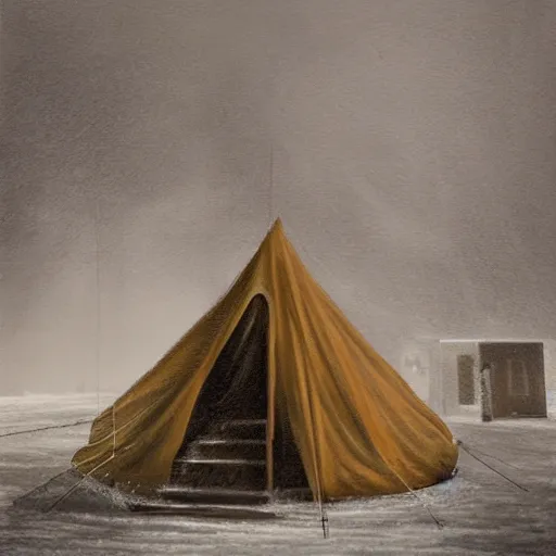 Image similar to tent, camping on top of a tower, in an ice storm, hyperrealism