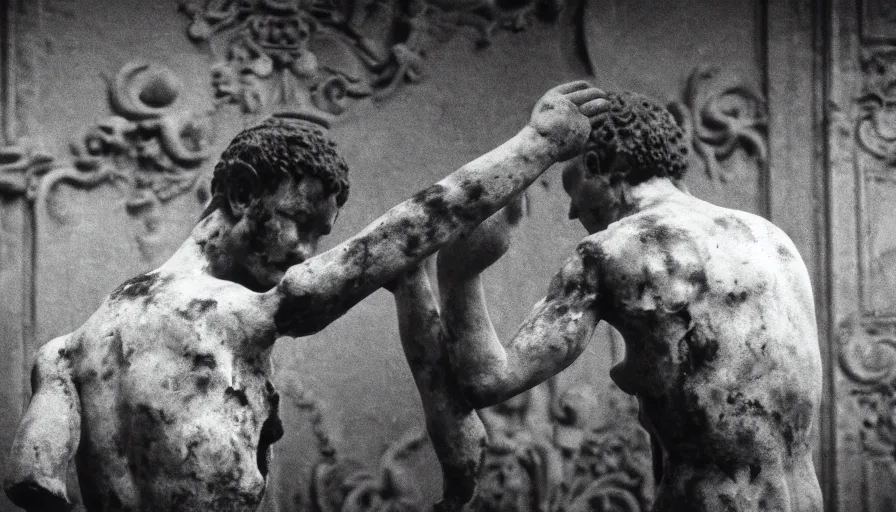 Prompt: movie still close - up caligula slaughtered to death in a neoclassical room, cinestill 8 0 0 t 3 5 mm b & w, high quality, heavy grain, high detail, dramatic light, cinematic composition, flares, anamorphic, blood, bleeding, by josef sudek