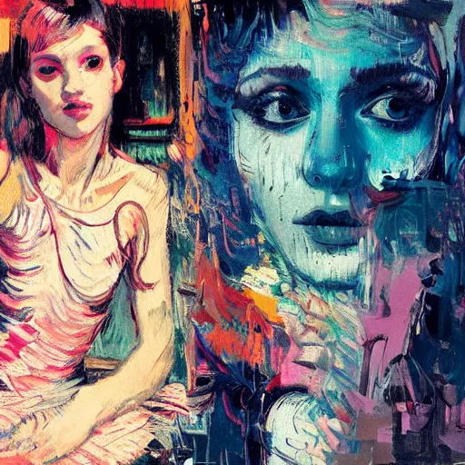 Image similar to portrait of beautiful girl sensual dancing, ecstatic, wonderful techno party, shades of blue, utopia, by by greg rutkowski, by jeremy mann, by francoise nielly, by vincent van gogh