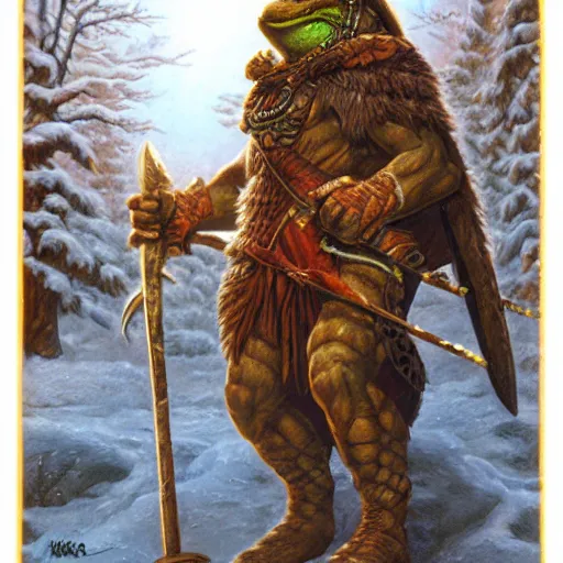 Prompt: anthropomorphic turtle barbarian humanoid, carapace, tim hildebrandt, blizzard, winter, night, furs, fantasy