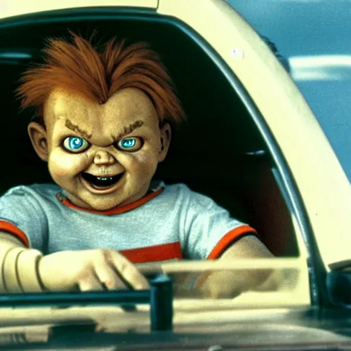 Image similar to chucky driving a race car, movie still