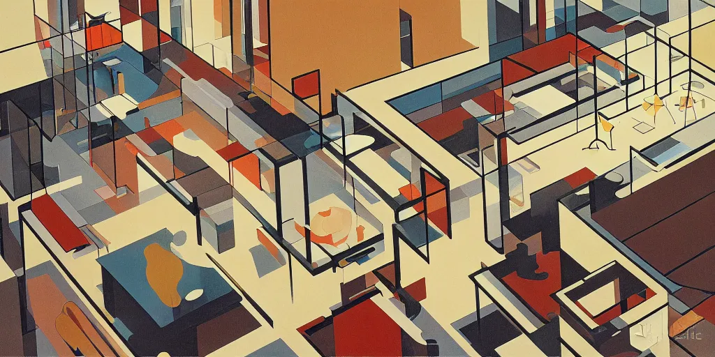 Prompt: modernist interior, seen from above, by René Laloux, line brush