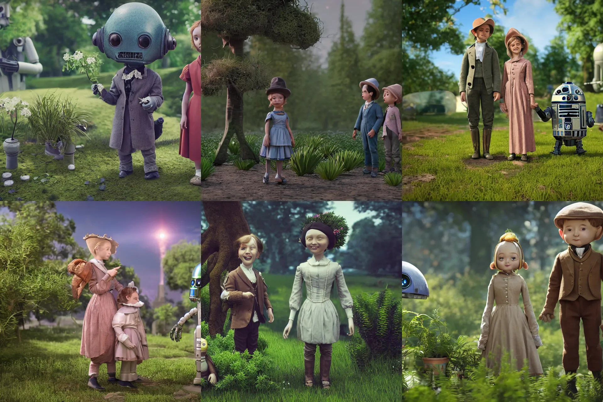 Prompt: a girl and a boy standing next to some alien plants, looking happy, wearing 1850s era clothes, their small cute pet alien creature is standing nearby, their droid is watching over them, in a park on a alien planet, extremely high details, ultra realistic facial details, hyperrealistic, octane render, 8k