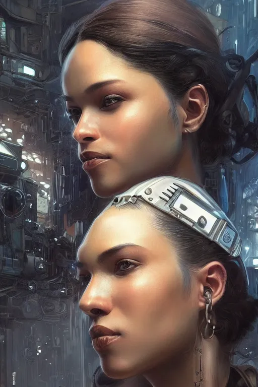 Image similar to ultra realistic illustration, dappled lighting, closeup portrait shot, perfect lighting, hacknaut cyberpunk, sci - fi, fantasy, intricate, elegant, deviantart, highly detailed, digital painting, artstation, concept art, black person, smooth, sharp focus, illustration, art by artgerm and greg rutkowski and alphonse mucha