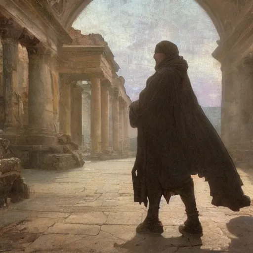 Image similar to half portait of magican wearing a cowl reading big old book! while walking, jeremy mann, jean leon gerome, tiepolo, alphonse mucha, greg rutkowski, face in the shadows, ( ( ruins of ancient rome ) ), at dusk, mysterious atmosphere, sunrays, dof, masterpiece, high detailed, 8 k