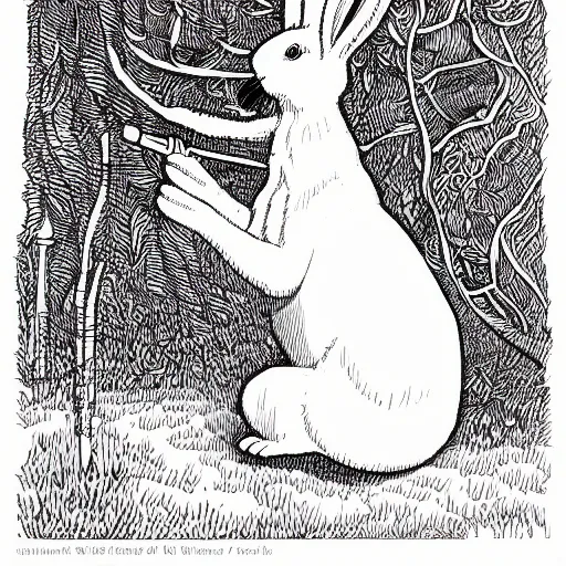 Image similar to isometric, precisely drawn, fine detailed, intense line work, drawing of a white bunny smoking a big cigarette in the deep tangled forest, by edward gorey, black ink on white paper