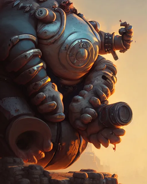 Image similar to roadhog from overwatch, character portrait, portrait, close up, concept art, intricate details, highly detailed by greg rutkowski, michael whelan and gustave dore