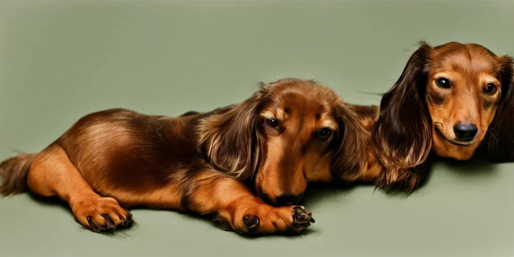 Prompt: A longhaired dachshund sleeps on a sausage in zero gravity, by Salvador Dalí, studio lighting, harmony color, Leica M6, 85 mm