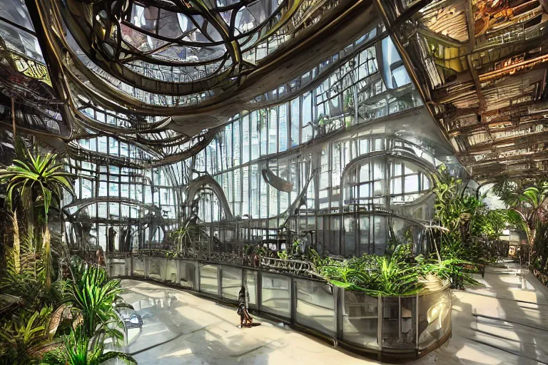 Prompt: a futuristic steampunk science building interior lobby on the ground floor, walls made of huge glass panes ornate posts and beams and futuristic architecture, tropical plants and palm trees all around the interior, built in the middle of a lush tropical rainforest, lush tropical forest outside of the window, twilight lighting, dark and moody, scary environment, splatter of thick red paint all around the floor and some on the windows, chunky pieces of bacon splattered around, shot with a canon 35mm lens