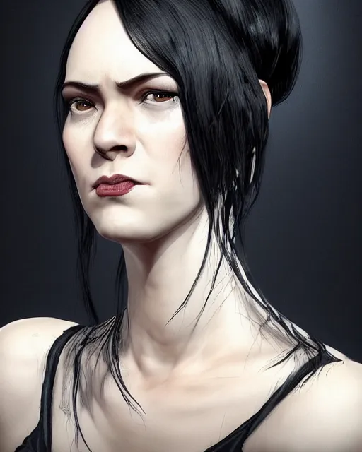 Image similar to portrait of a tall 4 0 - year - old woman with thin lips, long, lush black hair gathered on the head bun, and thick eyebrows, haughty facial expression, wearing in black clothes, aristocratic appearance, hyper realistic face, beautiful eyes, character art, art by mark brooks, hyperdetailed, cryengine, trending on artstation, digital art