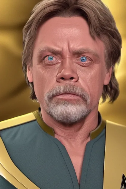 Prompt: photorealistic!! mark hamill as a star trek captain, film quality