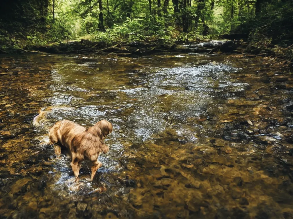 Image similar to a dog standing!!!!! in a stream!!!!!, looking down, reflection in water, ripples, beautiful!!!!!! swiss forest, photograph, character design, national geographic, soft focus