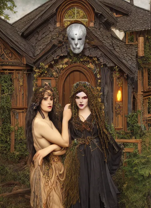 Image similar to outside covens den, intricate wiccan scene detailing, textless, hyperornate wiccan photorealistic mask, highly detailed, photorealistic, diffuse lighting, hdrp render, artstation, unreal 5, smooth, sharp focus, art by john collier, albert aublet, krenz cushart, artem demura, alphonse mucha