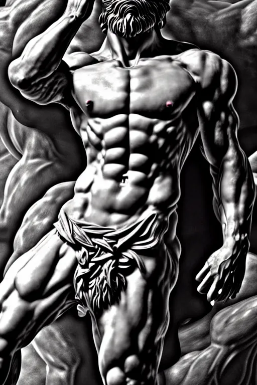 Image similar to dog as a greek god, greek statue, gorgeous, amazing, muscular, fit, very muscular male body, very detailed face, detailed features, fantasy, circuitry, explosion, dramatic, intricate, elegant, highly detailed, digital painting, artstation, concept art, smooth, sharp focus, illustration, art by gustave dore, octane render