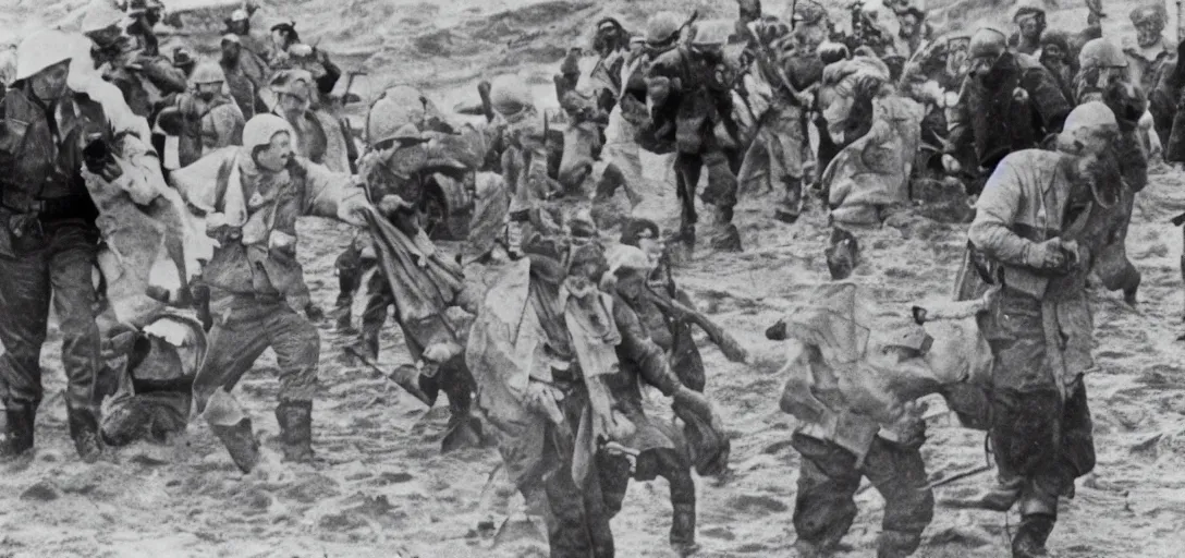 Image similar to the pope storming omaha beach during ww ii