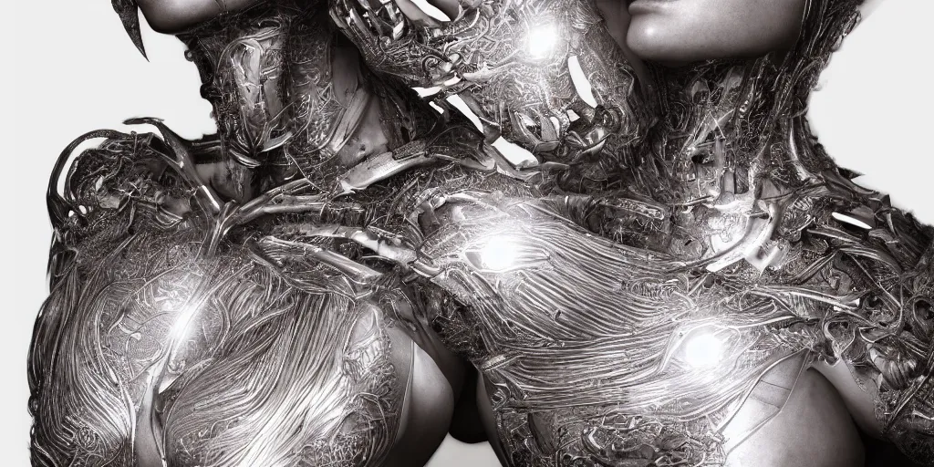 Image similar to hyper realistic photography of a stunningly beautiful cyborg female, elbow, chest, intimate, holding close, reflective chrome in the style of beth cavener, jin kagetsu,, and wlop, highly detailed, intricate filigree, masterpiece, award winning, sharp focus, concept art, ringflash lighting, ambient lighting, octane render, 8 k, artstation