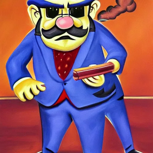 Prompt: wario from the mario series wearing a 3 piece suit and smoking a cigar ( oil painted, greatly illustrated, a portrait, high detailed, great quality painting )