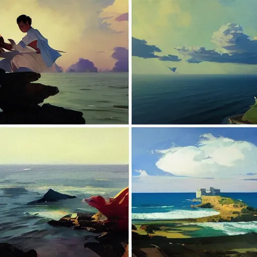 Prompt: castle on sea, moon, DARK SCHEME, by studio ghibli painting,by Joaquin Sorolla rhads Leyendecker, by Ohara Koson and Thomas, cloud.