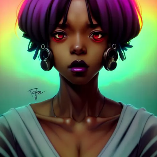 Image similar to portrait of a black anime manga girl with short french bob hair, by artgerm, james jean, tom bagshaw, gerald brom, vaporwave colors, lofi colors, vaporwave, lofi, goth vibe, 4 k, smooth, hd, substance designer render, full body character concept art, symmetrical, 2 point lighting,