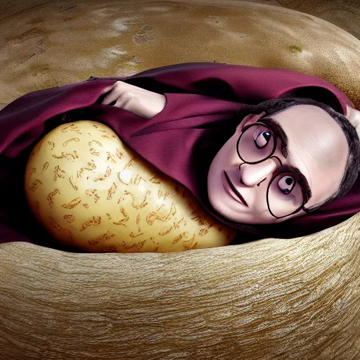 Image similar to harry potter in his robes, laying inside of a giant potato holding his wand, idaho, photography, closeup, midshot, midday, realistic, cinematic, soft lighting