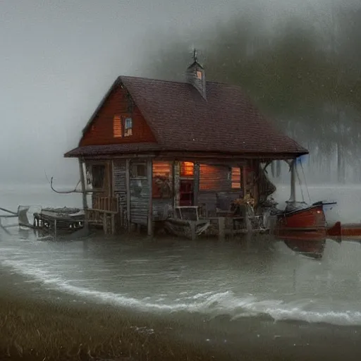 Image similar to movie scene of a bait and tackle shack, a wooden dock and fisher boats on a very misty day, cinematic, very mysterious mood, by greg rutkowski, loish, rhads, ferdinand knab, makoto shinkai and lois van baarle, artgerm, pixar, ilya kuvshinov, rossdraws, tom bagshaw, global illumination