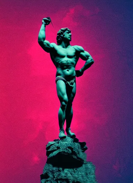 Image similar to statue of hercules, beeple, vaporwave, retrowave, abstract neon shapes, black background, glitch, pixel sorting, strong contrast, pinterest, trending on artstation