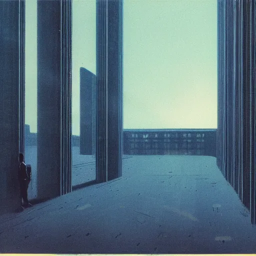 Image similar to 1984, Orwellian dystopia, brutalist buildings, deep blue atmosphere, blue hour